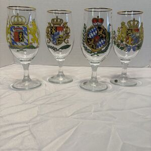 Bockling Family Crest Wine Glasses/Goblets (4), Germany 7.25" 12oz, Gold Rim